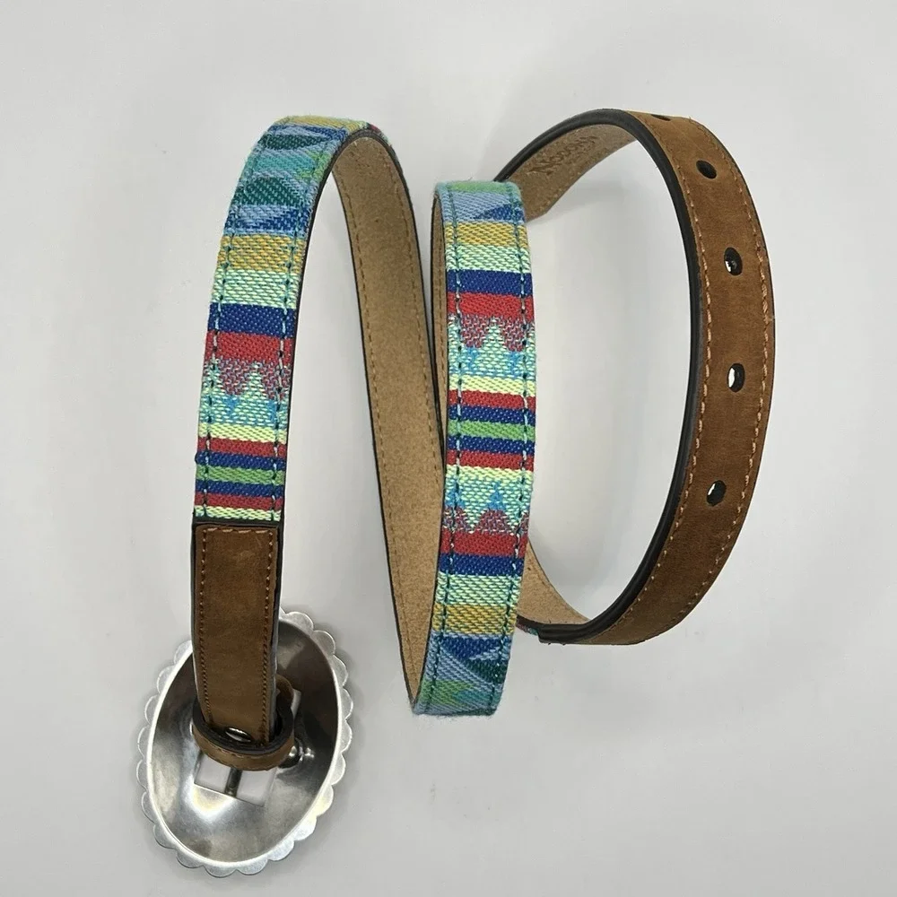 Nocona Textile Leather Stackable Belt Large Blue Multi Silver Buckle‎ Southwest